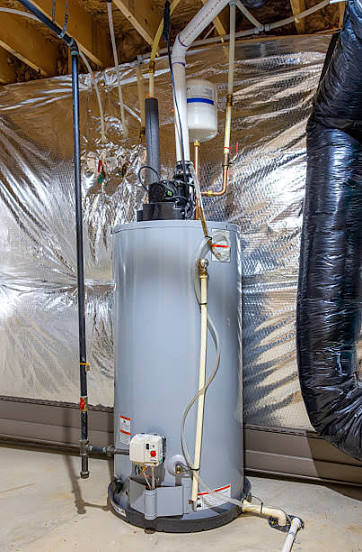 An electric water heater tank in a basement utility area with the element access panel visible